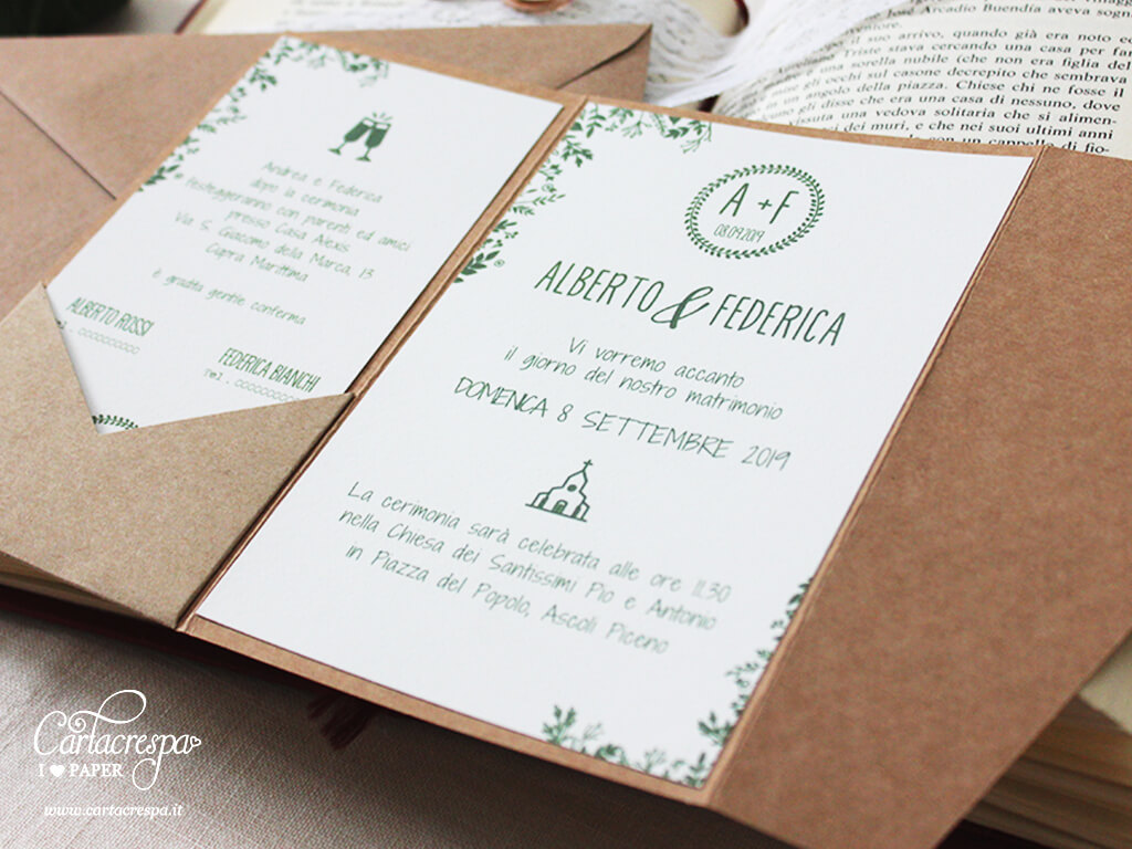 Partecipazioni Matrimonio Personalizzabili In Stile Greenery, 10 Pezzi Con Invito E Fascetta, Carta Kraft, Pocketfold Fai Da Te